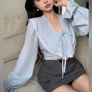 New Lace Trimmed Ruffle Sleeve Shirt Blouse